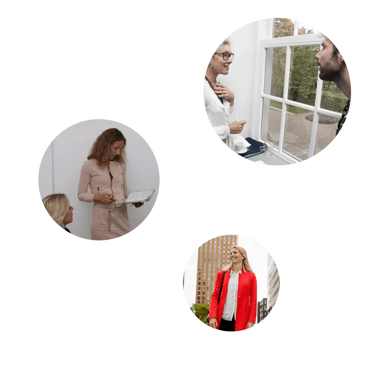 Collage van professionele coachsituaties, waaronder een presentatie, een gesprek en een zakelijke omgeving.